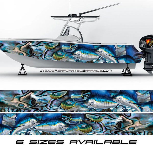 Marlin Fishes Blue Abstract Graphic Boat Vinyl Wrap Decal  Fishing  Pontoon Sea Doo Chaparral Watercrafts Water Sports etc.. Boat Wrap Decal