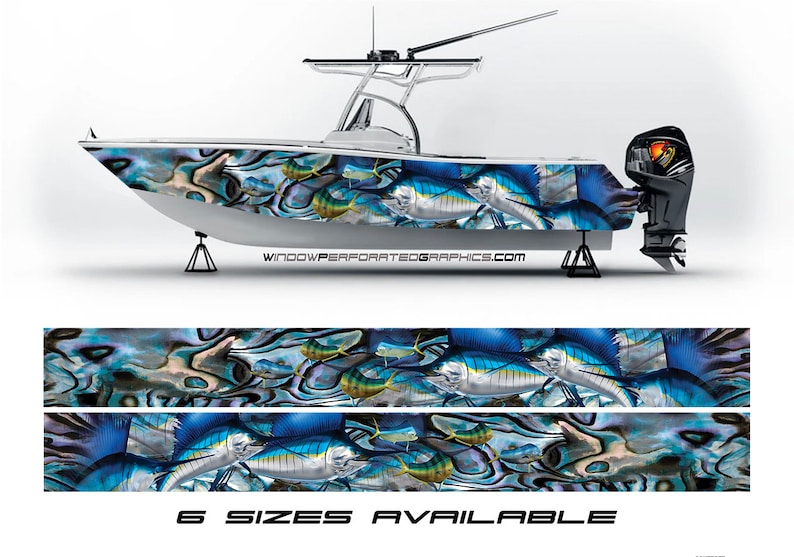 May include: A boat wrap design featuring a blue and green abstract pattern with fish and the text "WINDOWPERFORATEDGRAPHICS.COM". The design is shown on a white boat with a black outboard motor. The image also shows two strips of the design, which are available in six sizes.