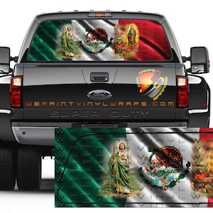 Bandera Mexicana San Judas y Virgen de la Guadalupe Bandera de México Ventana Trasera Tinte Vinilo Perforado Calcomanía Gráfica Camiones Coches Campers