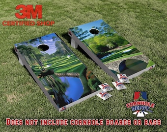 Golf Platz Brücke und Lake Split Set Cornhole Board Vinyl Wrap Skins Laminierter Aufkleber Set Abziehbild