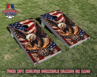 American Flag Eagle Mountains USA Cornhole Board Vinyl Wrap Skins Laminated Set