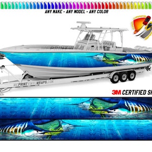 Marlins and Mahi Mahi Ocean Blue Graphic Vinyl Boat Wrap Fishing Bass Pontoon  Sportsman Console Bowriders Watercraft etc.. Boat Wrap Decal