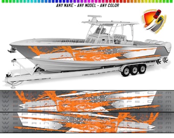 Grijs en oranje splatter grafische boot vinyl wrap sticker visserij ponton sportman offertes console bowriders dek enz.. boot wrap sticker