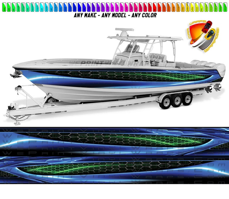 Puede incluir: Un dise&ntilde;o de envoltura de barco azul y verde con un patr&oacute;n de panal. El dise&ntilde;o presenta un fondo azul con acentos verdes y un patr&oacute;n de panal. El dise&ntilde;o est&aacute; disponible en cualquier color y se puede aplicar a cualquier marca o modelo de barco. "ANY MAKE - ANY MODEL - ANY COLOR" est&aacute; impreso en la imagen.