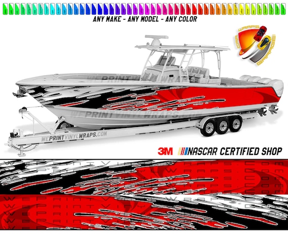 Red Black and White Splatter Graphic Vinyl Boat Wrap Decal Fishing Pontoon  Sportsman Console Bowriders Watercraft Etc.. Boat Wrap Decal 