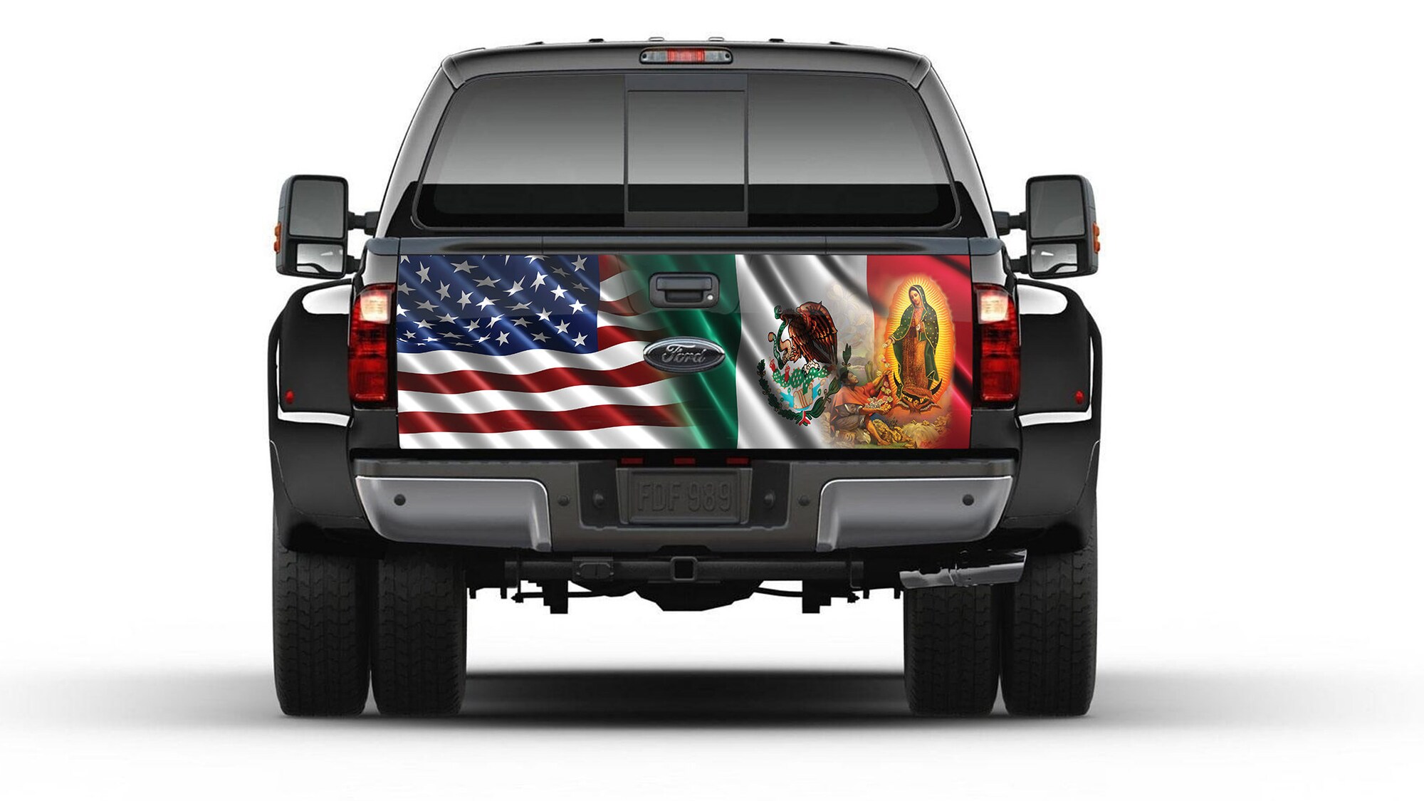 American & Mexican Flag Virgen de la Guadalupe Tailgate Truck Bed Decal