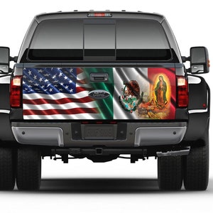 American & Mexican Flag Virgen de la Guadalupe Bandera de America y Mexico Tailgate Wrap Vinyl Graphic Decal Sticker Trucks Campers