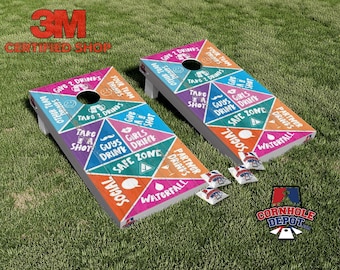 Conjunto de adesivos laminados coloridos para jogo de arremesso de saquinhos de milho (Cornhole) com tema de bebida.