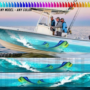 Mahi Mahi Ocean Waves Sky Blue Graphic Vinyl Boat Wrap Fishing Bass Pontoon  Sportsman Console Bowriders Watercraft etc.. Boat Wrap Decal