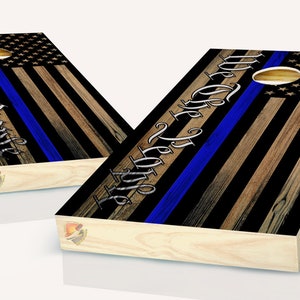 American Flag We The People Thin Blue Line Cornhole Board Vinyl Wrap Laminated Sticker Set Decal