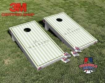 Juego de pegatinas laminadas personalizadas de vinilo para tablero de cornhole con rayas verdes y salvia, ideales para aniversarios y bodas. **CUALQUIER COLOR**