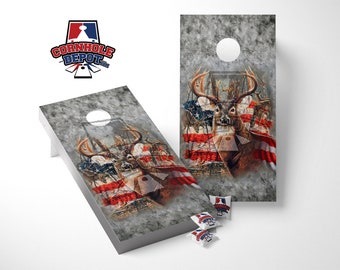 American Flag Deer  Cornhole Board Vinyl Wrap Skins Laminated Sticker Set Decal