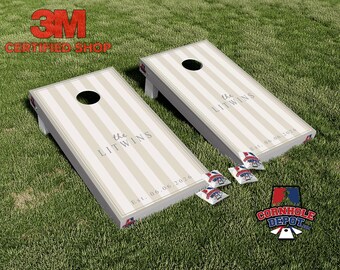 Juego de pegatinas laminadas personalizadas con franjas de nombre para tablero de cornhole, ideales para aniversarios y bodas.
