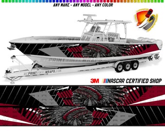 Indian Skeleton Burgundy Graphic Vinyl Boat Wrap Decal Pontoon Sportsman Console Bowriders Deck Watercraft Watersports etc.. Boat Wrap Decal