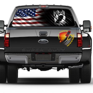 American Flag & POW MIA Patriotic Rear Window Graphic Perforated Decal Vinyl Pickup Trucks Cars Campers
