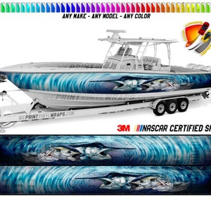 Blue Sailfish Fishes Graphic Vinyl Boat Wrap Decal Fishing Pontoon Sportsman Deck Boat Tritoon Watercraft etc.. Boat Wrap Decal
