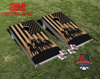 American Flag Horses Black Cornhole Board Vinyl Wrap Laminated Decal Sticker Set