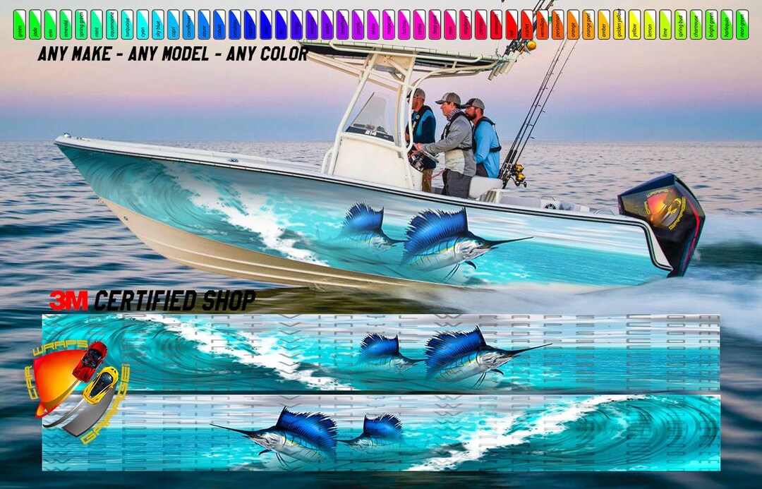 Marlins Sailfish Ocean Waves Sky Blue Graphic Vinyl Boat Wrap Fishing