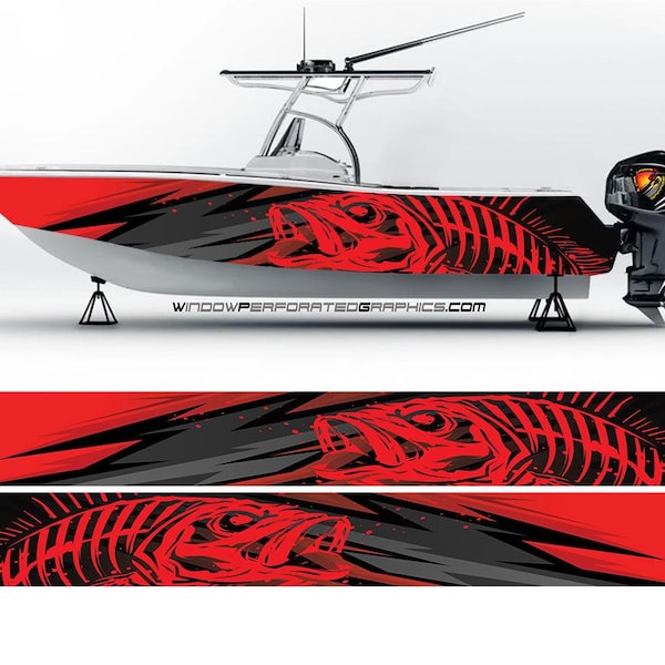 Abstract Red Seabass Graphic Boat Vinyl Wrap Fishing Bass Pontoon Sportsman Tenders Skiffs Boat Console Boat Wrap Decal