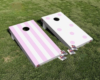 Conjunto de adesivos laminados em vinil para jogo de arremesso de sacos de milho (Corka Hole) com listras e bolinhas rosa - Presente ideal para aniversários e casamentos.