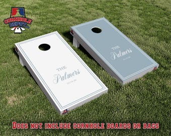 Custom Personalized Name Elegant Light Blue and White Cornhole Board Vinyl Wrap Skins Laminated Sticker Set Decal Anniversary Wedding Gifts