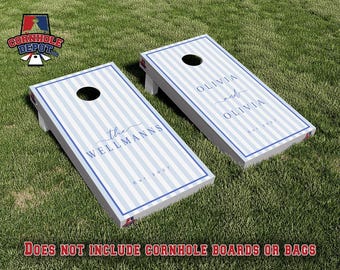 Custom Personalized Light Blue Stripes Cornhole Board Vinyl Wrap Laminated Sticker Decal Set Anniversary Wedding Gifts