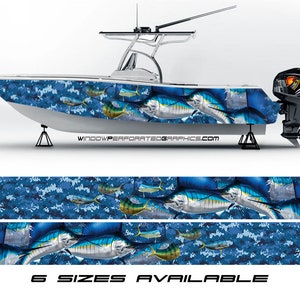 Marlin Fishes Blue Camo Graphic Boat Vinyl Wrap Decal  Fishing  Pontoon Sea Doo Chaparral Water Sports Tritoon etc.. Boat Wrap Decal