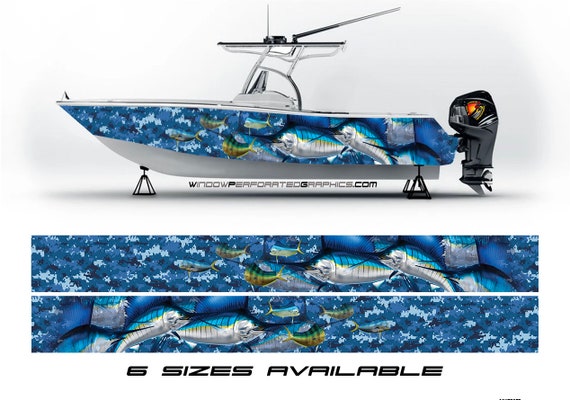 Marlin Fishes Blue Camo Graphic Boat Vinyl Wrap Decal Fishing