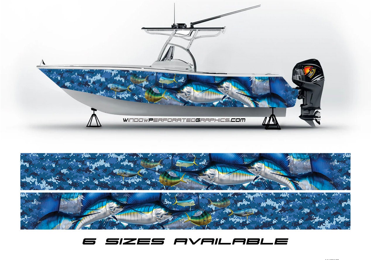 Marlin Fishes Blue Camo Graphic Boat Vinyl Wrap Decal Fishing Pontoon Sea  Doo Chaparral Water Sports Tritoon Etc.. Boat Wrap Decal 