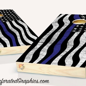 American Flag  Black and White Wavy Thin Blue Line Cornhole Board Vinyl Wrap Laminated Sticker Set Decal