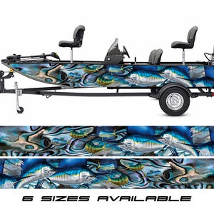 May include: A blue and black boat with a fish graphic wrap. The boat is on a trailer with two seats and a motor. The boat wrap features a blue and black abstract design with fish swimming in the water. The text "6 SIZES AVAILABLE" is printed below the image.