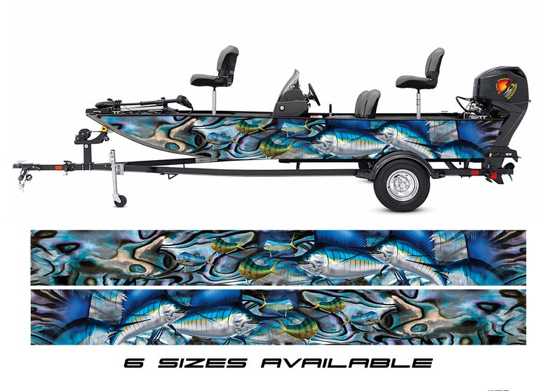 May include: A blue and black boat with a fish graphic wrap. The boat is on a trailer with two seats and a motor. The boat wrap features a blue and black abstract design with fish swimming in the water. The text "6 SIZES AVAILABLE" is printed below the image.