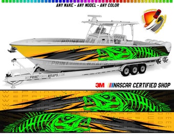 Oranje en limoengroen visgraat zeebaars grafische boot vinyl wrap decal visserij bas ponton decal sportman etc.. boot wrap sticker