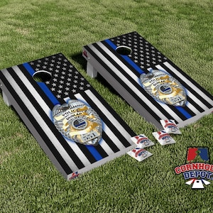 American Flag Black and White Thin Blue Line Badge Personalized Cornhole Board Vinyl Wrap Skins Decal Set