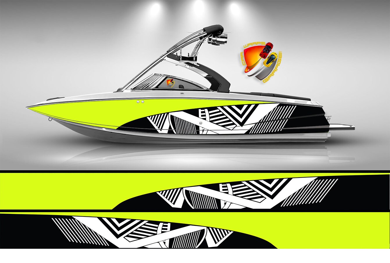 Bright Yellow and White Modern Lines Graphic Vinyl Boat Wrap Decal Fishing Pontoon Sportsman Console  Watercraft etc.. Boat Wrap Decal