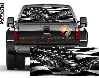 American Flag On Eagle Black and White Patriotic Rear Window Tint Perforated Vinyl Graphic Decal Sticker  Trucks Cars Campers