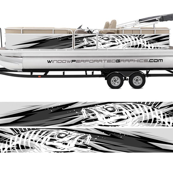 Abstract Gray White and Black Seabass Graphic Boat Vinyl Wrap Fishing Bass Pontoon Decal Watercraft  etc.. Boat Wrap Decal