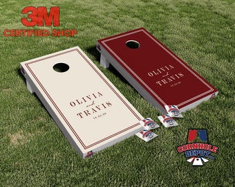 Custom Personalized Name Burgundy and Ivory Cornhole Board Vinyl Wrap Skins Laminated Sticker Set Decal Anniversary Wedding Gifts