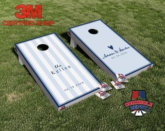 Conjunto de adesivos laminados personalizados em vinil para jogo de arremesso de sacos de milho (Cornhole) com listras claras e azul marinho. Ideal para presentes de aniversário e casamento. **QUALQUER COR**