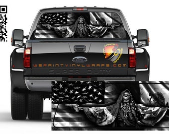 Mexicaanse en Amerikaanse vlag Santa Muerte Zwart-wit Bandera de Mexico Achterruit geperforeerde grafische sticker Sticker Vrachtwagens Auto's Campers