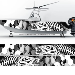 Camouflage Black Gray  and White Abstract  Seabass Graphic Boat Vinyl Wrap Fishing Sea Doo Chaparral Pontoon  etc.. Boat Wrap Decal