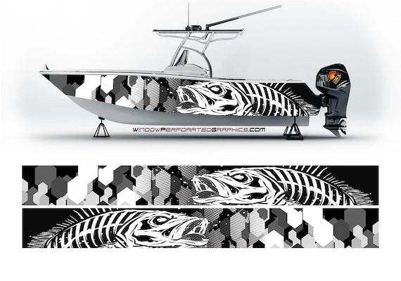 Camouflage Black Gray and White Abstract Seabass Graphic Boat Vinyl Wrap Fishing  Sea Doo Chaparral Pontoon Etc.. Boat Wrap Decal 