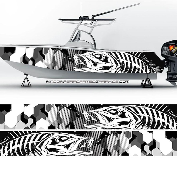 Camouflage Black Gray  and White Abstract  Seabass Graphic Boat Vinyl Wrap Fishing Sea Doo Chaparral Pontoon  etc.. Boat Wrap Decal