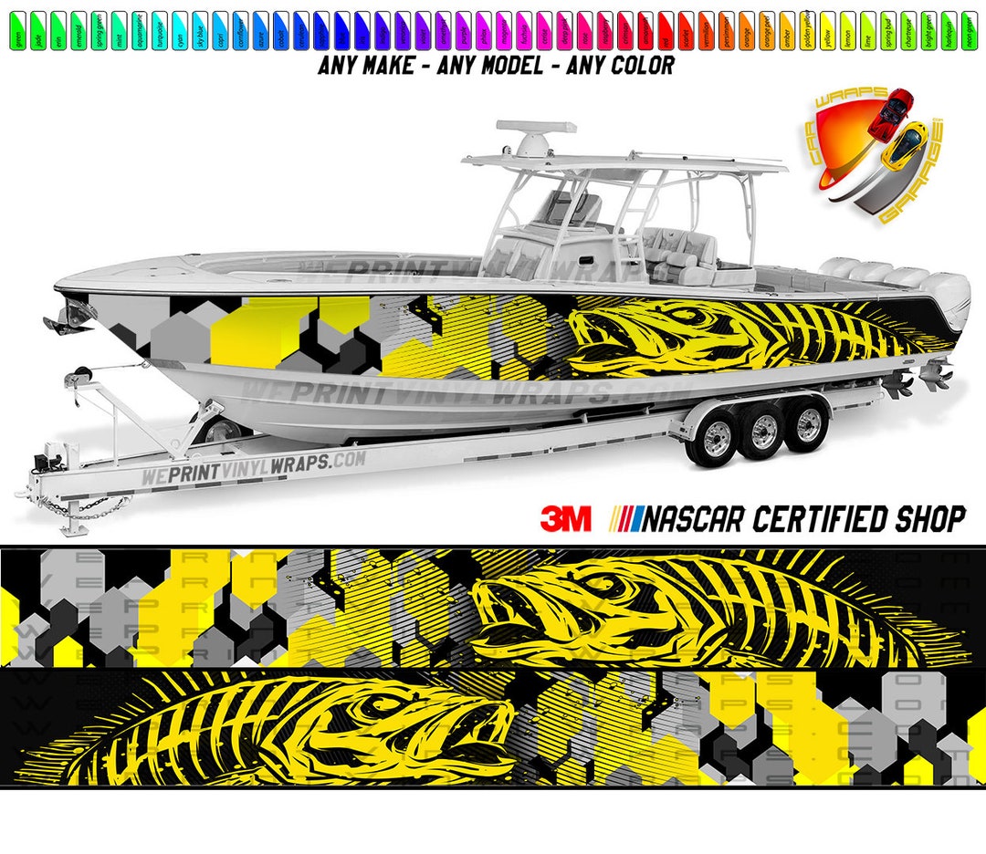 Yellow Camo Seabass Graphic Boat Vinyl Wrap Decal Fishing Bass Pontoon