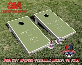 Kundenspezifische personalisierte Name Grün dunkler Salbei Cornhole Brett-Vinylverpackung laminierte Aufkleber-Set Aufkleber Jahrestag Hochzeitsgeschenke ** JEDE FARBE **