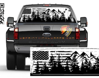 American Flag Mountain Forest Rear Window Tint Perforated Graphic Decal Sticker Trucks Cars Campers RV