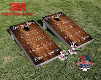 Nossa História de Amor - Conjunto de Adesivos Laminados Personalizados para Jogo de Cornhole - Presentes de Aniversário e Casamento
