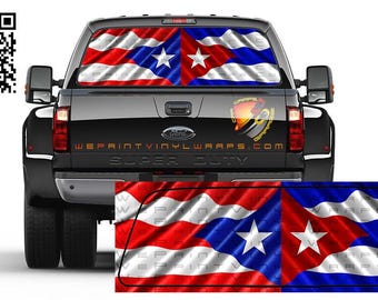 Adesivo perfurado em vinil com as bandeiras de Cuba e Porto Rico para vidro traseiro de carros, trailers, caminhões e outros veículos recreativos.