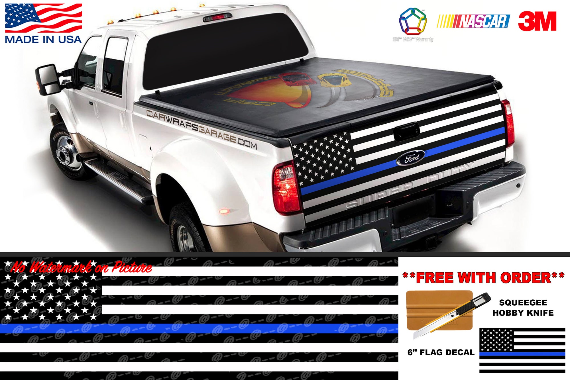 American Flag Black and White Thin Blue Line Police Support Tailgate Truck Bed Decal