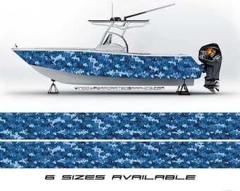 May include: Blue and white camouflage boat graphics. The graphics are available in six sizes. The graphics are shown on a white boat with a black outboard motor. The text "WINDOWPERFORATEDGRAPHICS.COM" is visible on the boat.